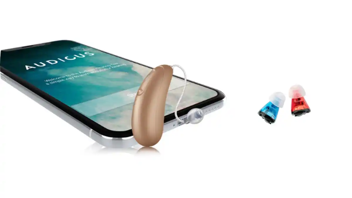 Audicus Wave RIC and Mini CIC hearing aids (not shown to scale).