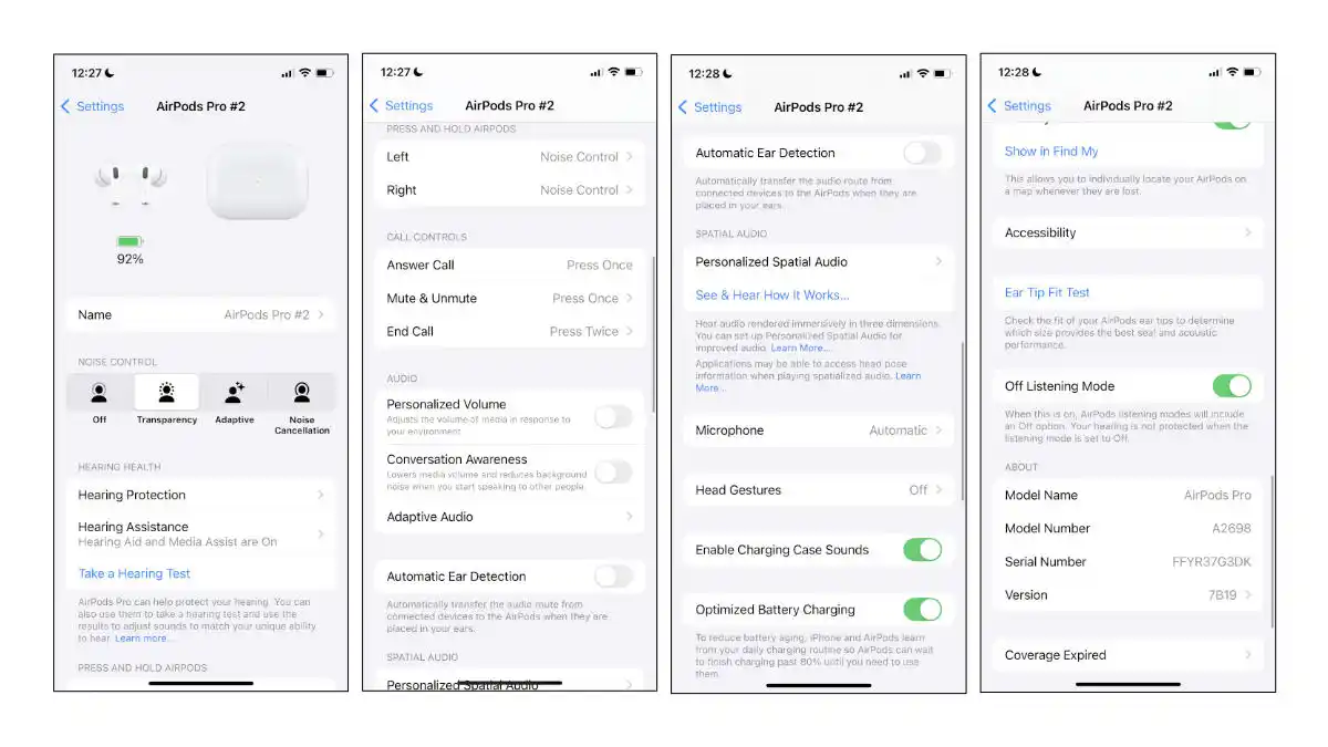 The Apple AirPods Pro 2 control screen can be accessed in your "Settings" menu. If you don't already have an audiogram, you can click on "Take a Hearing Test" to initiate Apple's hearing test. If you already have an audiogram, see "Step #1 (Best way)" below.