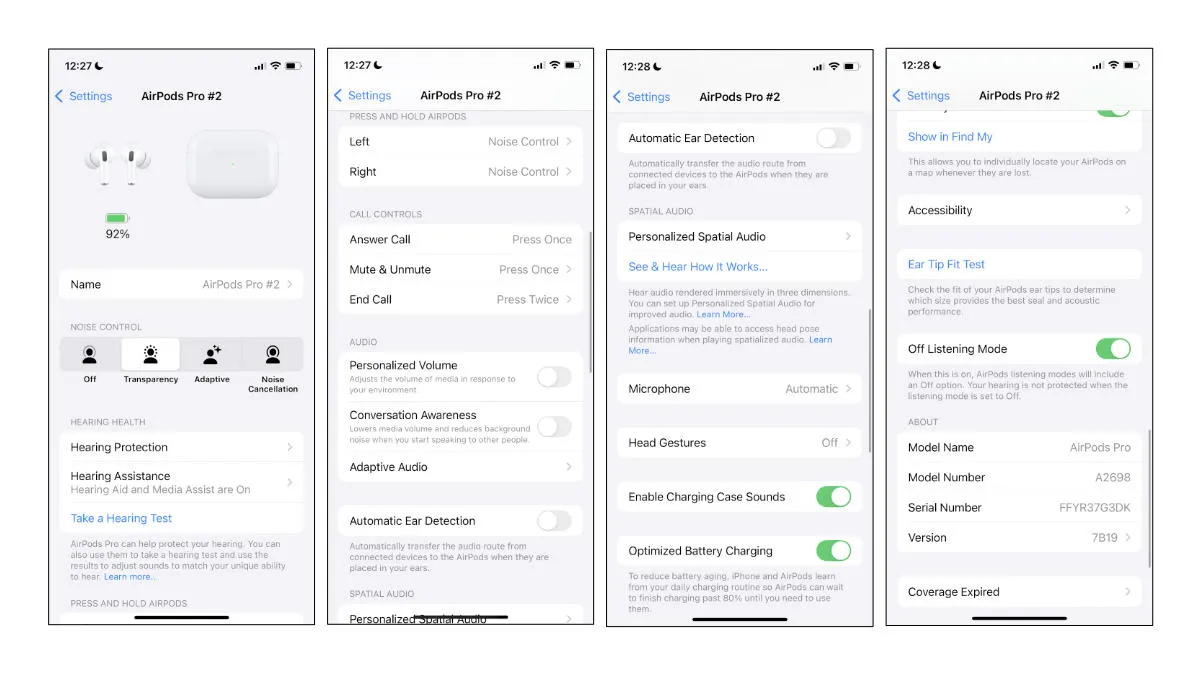The Apple AirPods Pro 2 control screen can be accessed in your "Settings" menu. If you don't already have an audiogram, you can click on "Take a Hearing Test" to initiate Apple's hearing test. If you already have an audiogram, see "Step #1 (Best way)" below.