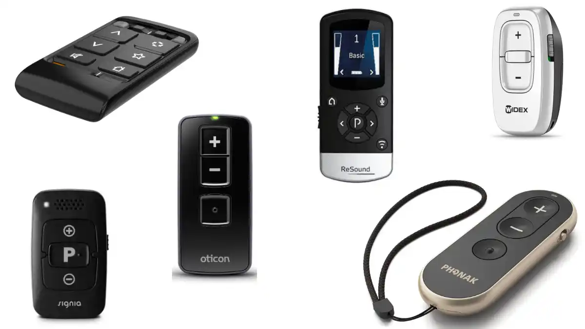Pocket-size hearing aid remote controls can be exceptionally useful for people who either don't use a smartphone or who want faster and more discreet access to their hearing aid controls (volume, programs, etc.) without having to use an app. Sizes of devices not shown to scale.