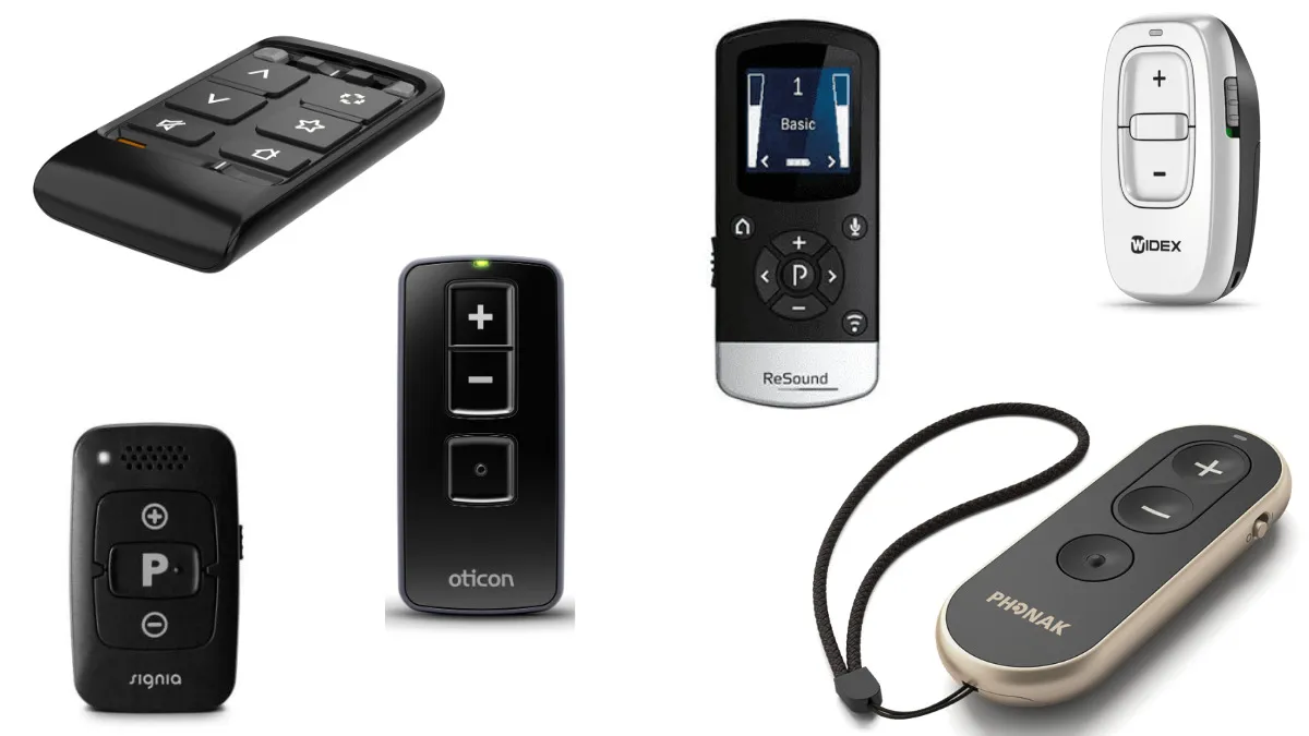 Pocket-size hearing aid remote controls can be exceptionally useful for people who either don't use a smartphone or who want faster and more discreet access to their hearing aid controls (volume, programs, etc.) without having to use an app. Sizes of devices not shown to scale.
