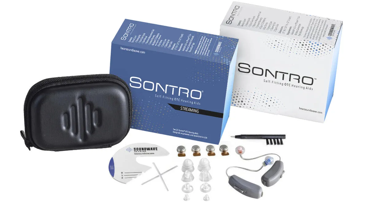 Soundwave Sontro Self-fitting OTC Hearing Aid Model AI-S with Streaming (left) and base model (right) box contents.