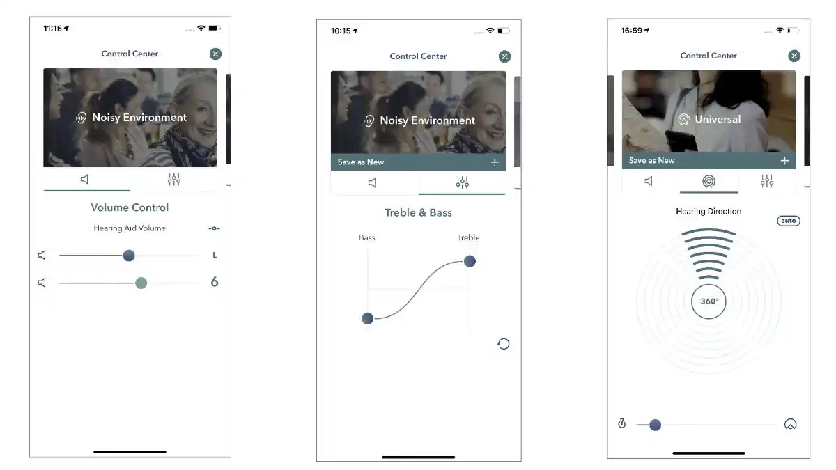 Volume Control, Equalizer, and Hearing Direction controls in Miracle Ear app