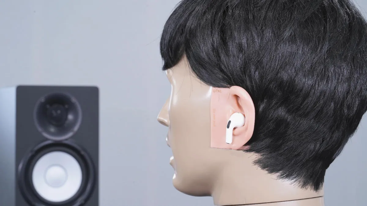 Apple AirPods Pro 2 earbuds on KEMAR manikin in the HearAdvisor test lab.