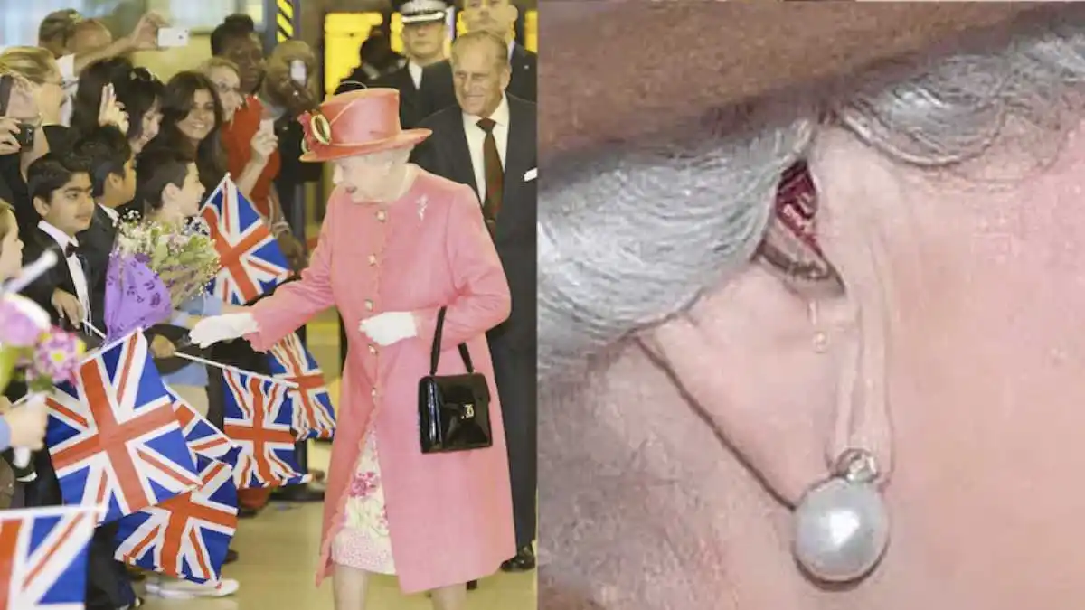 Queen Elizabeth II and an enhanced screenshot from another photo showing her hearing aid.