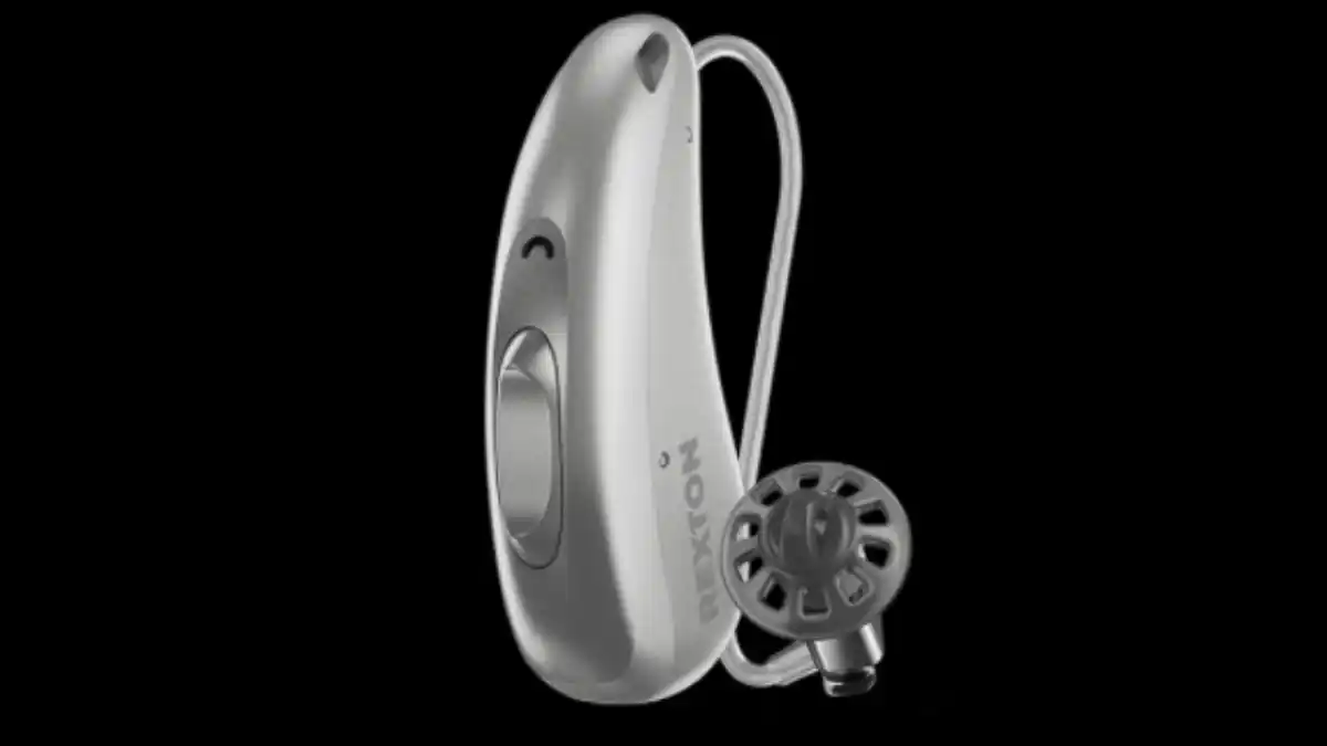 A silver matted Rexton R-Li telecoil equipped hearing aid
