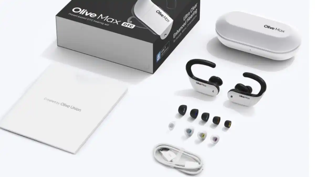 Unboxing of Olive Union's Olive Max OTC hearing aid.