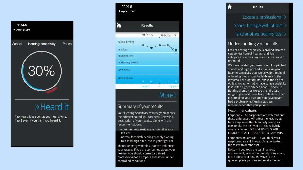 uHear hearing test app. On right: The bar on the outside of the circle flashes red when you miss a test tone, green when you've heard it. Middle: Summary of results of a colleague with slight-to-mild hearing loss. On right: Explanation and recommendations for follow-up.