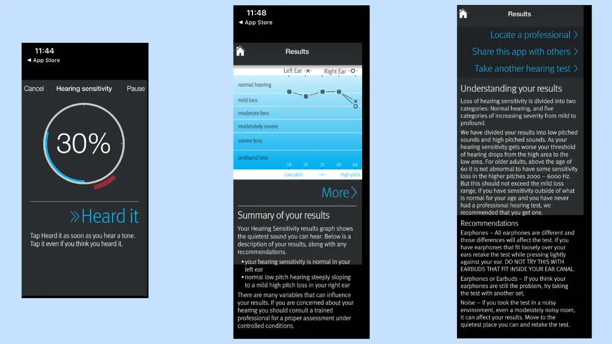uHear hearing test app. On right: The bar on the outside of the circle flashes red when you miss a test tone, green when you've heard it. Middle: Summary of results of a colleague with slight-to-mild hearing loss. On right: Explanation and recommendations for follow-up.