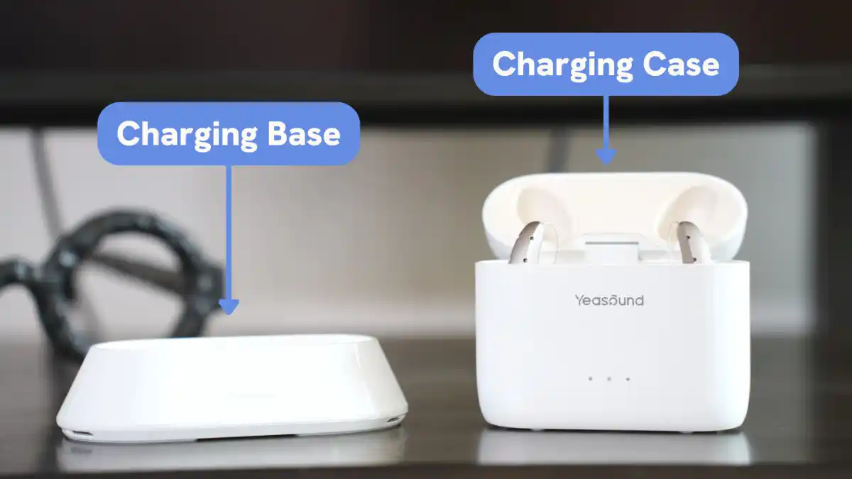 Separate charger base pictured with portable charging case.