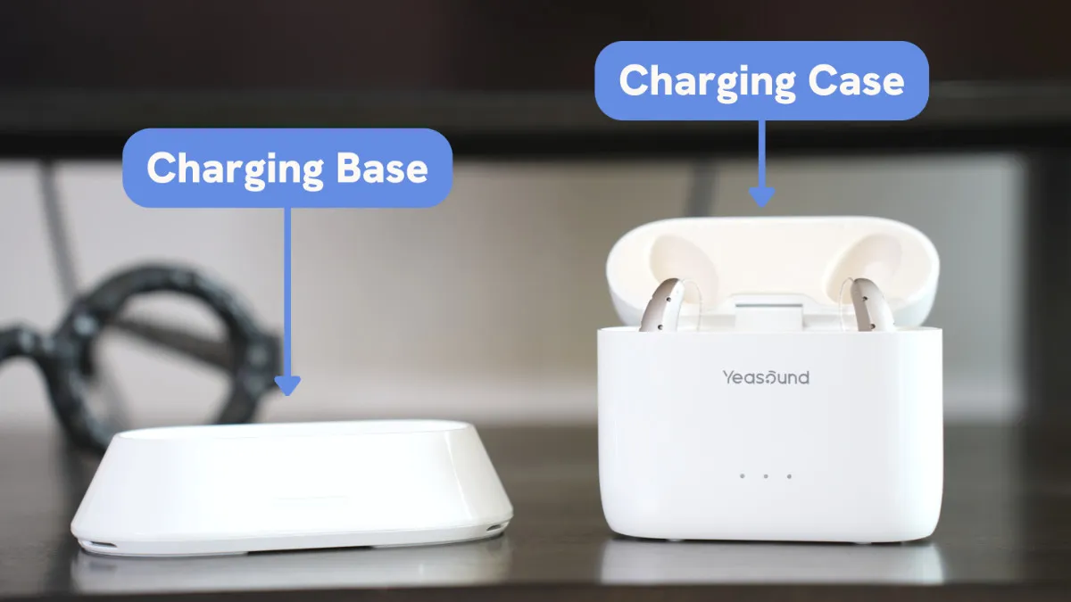 Separate charger base pictured with portable charging case.