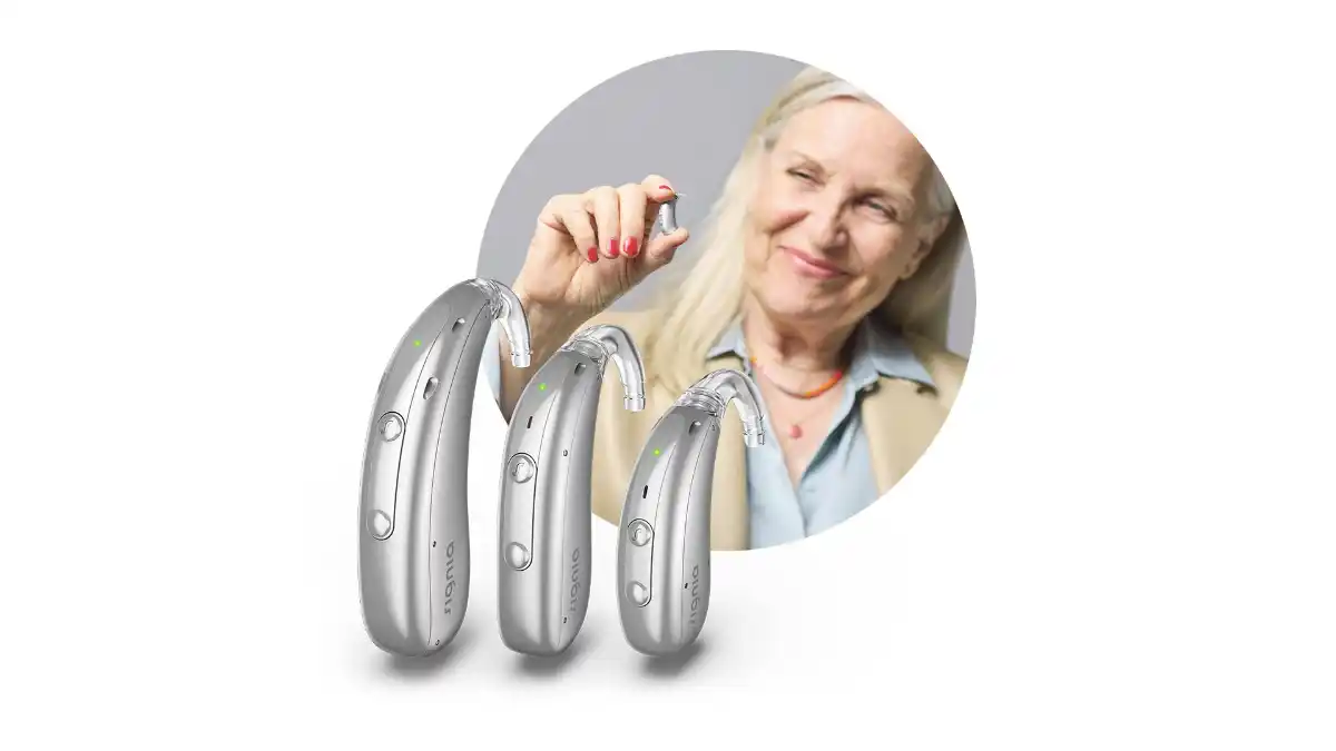 Motion Charge&Go IX hearing aids (r to l): M, P, and SP models.