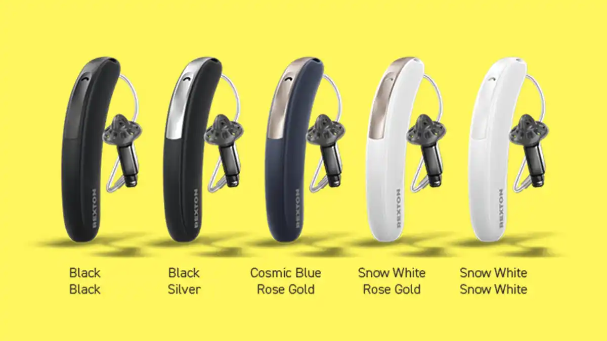 Photo of 5 color varieties of the Rexton Slim RIC hearing aids against yellow background
