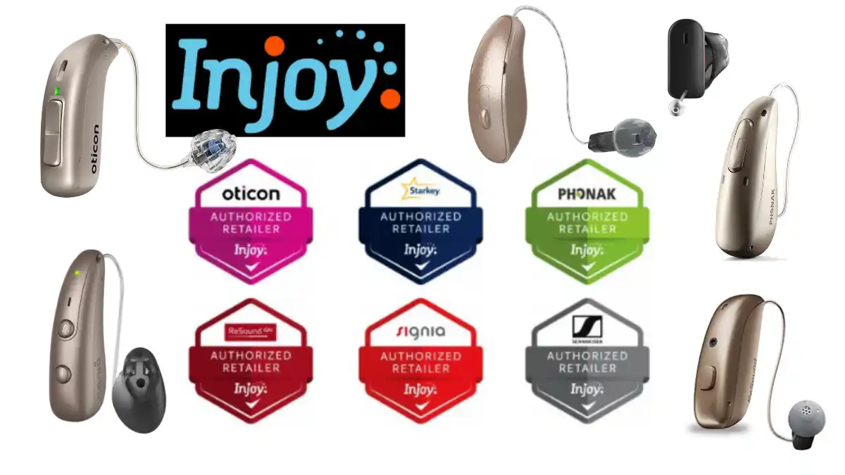 Injoy logo with brands and products of hearing aids offered