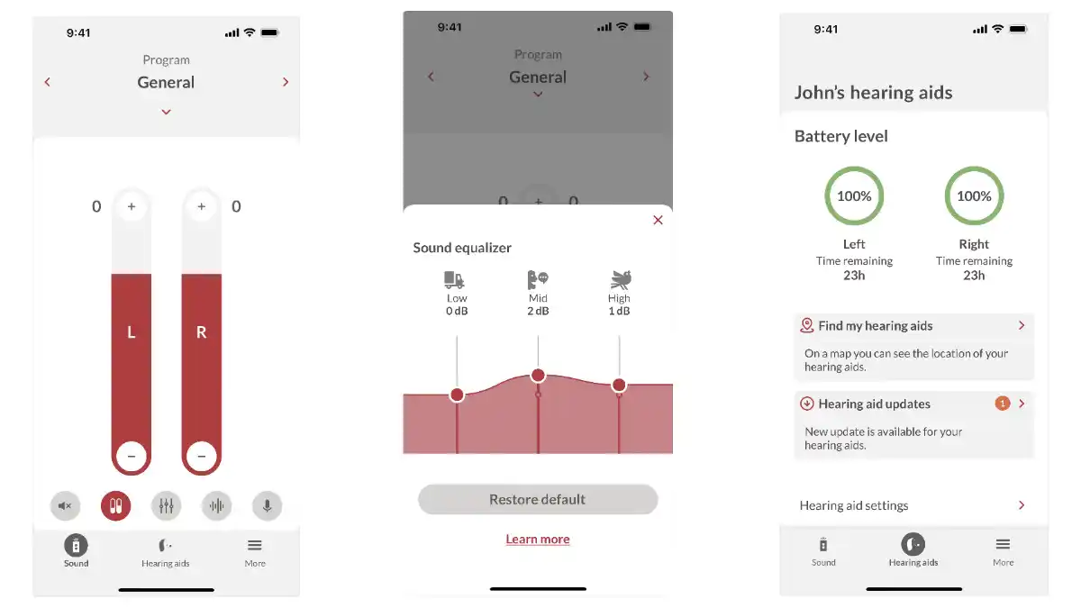 Three screenshots showing controls from Bernafon app