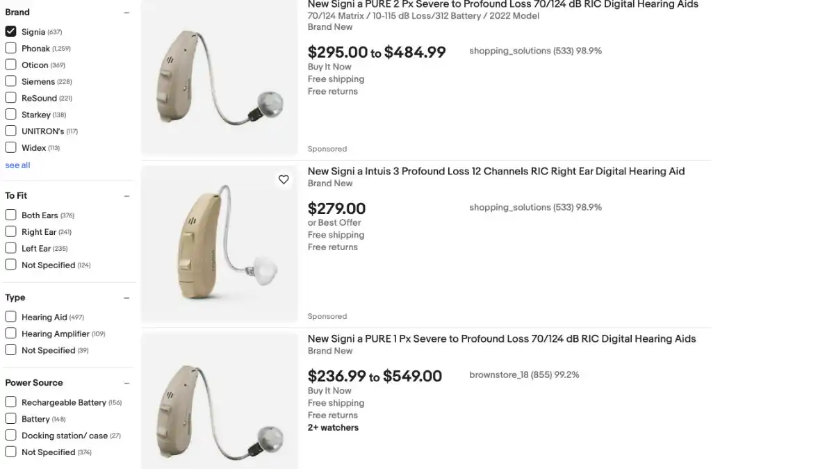 Screenshot of hearing aids on eBay