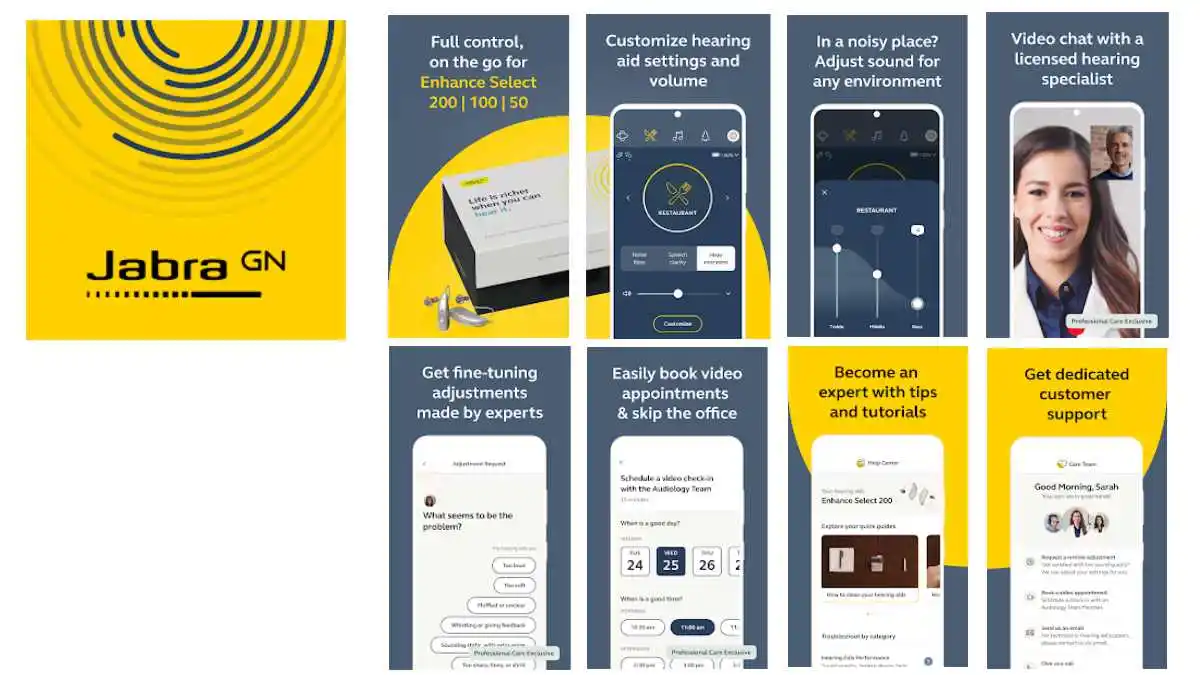 The Jabra Enhance Select app allows you to customize hearing aid settings, adjust for noisy environments, video chat with a professional, get expert fine-tuning adjustments, book video appointments, and it also provides tips, tutorials, and dedicated customer support.