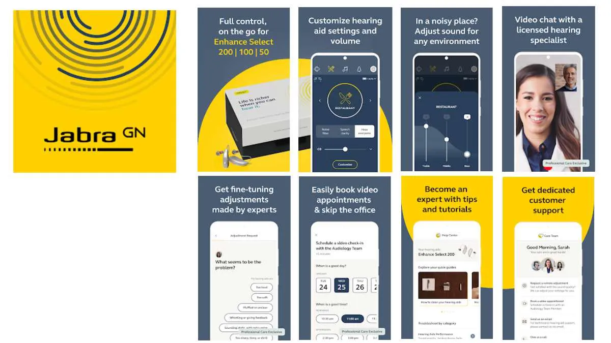 The Jabra Enhance Select app allows you to customize hearing aid settings, adjust for noisy environments, video chat with a professional, get expert fine-tuning adjustments, book video appointments, and it also provides tips, tutorials, and dedicated customer support.
