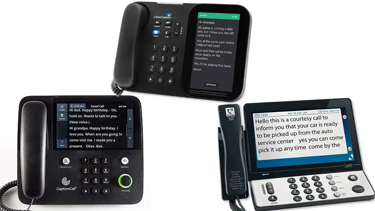 Examples of dedicated captioned telephones from various suppliers (left to right, CaptionCall, ClearCaptions, and Hamilton CapTel).