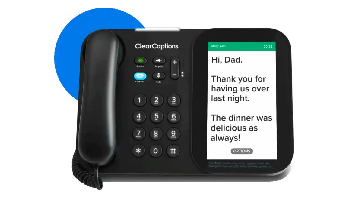 Example of a captioned phone with buttons for Captions, Amplify, Speaker, Mute, and Volume controls. Photo courtesy of ClearCaptions.