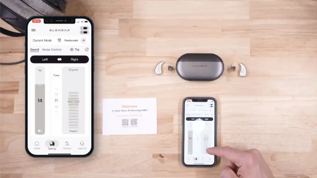 The Volume and "Brightness / Deeper" adjustment wheels on the Elehear app.