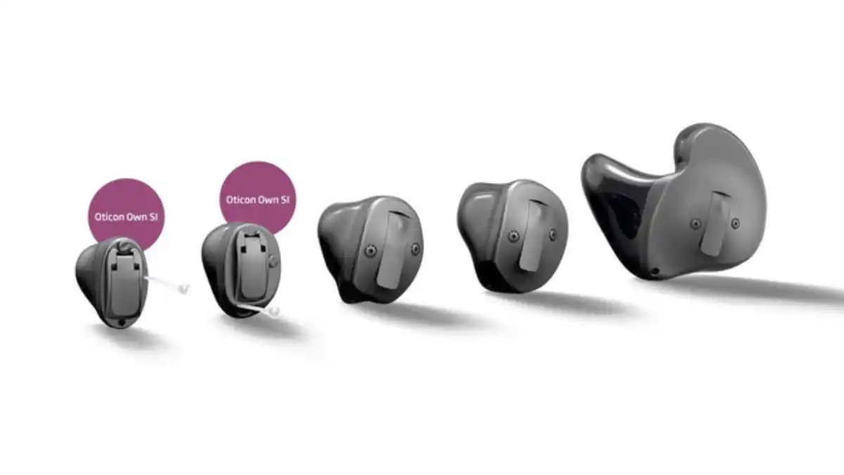 Left to right: Oticon Own SI powered by newer Sirius chip (introduced with Oticon Intent) is available in invisible-in-the-canal (IIC) and completely-in-the-canal (CIC) styles, while Oticon Own (powered by the slightly older Polaris chip found in Oticon More) is available in in-the-canal (ITC), and half-shell and full-shell in-the-ear (HS/FS ITE) styles.