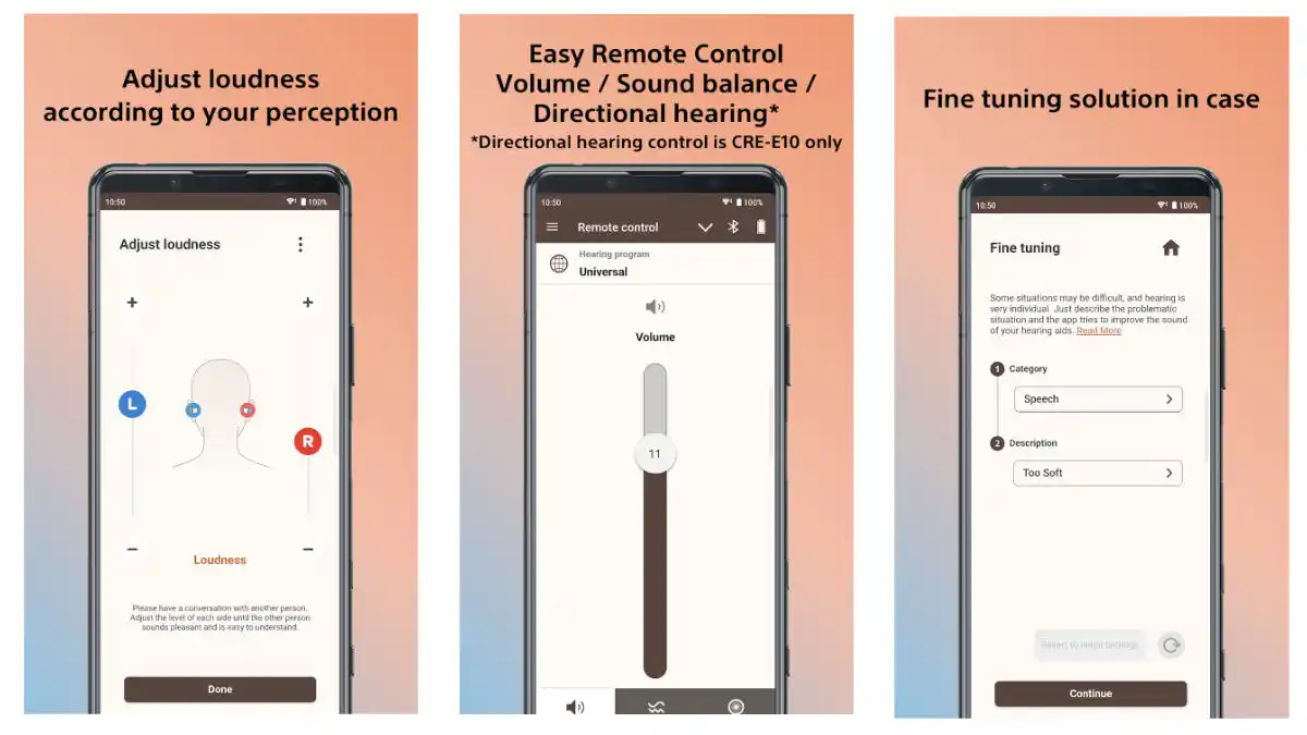 Screenshots of the Sony hearing aid app and its setup and adjustment functions.