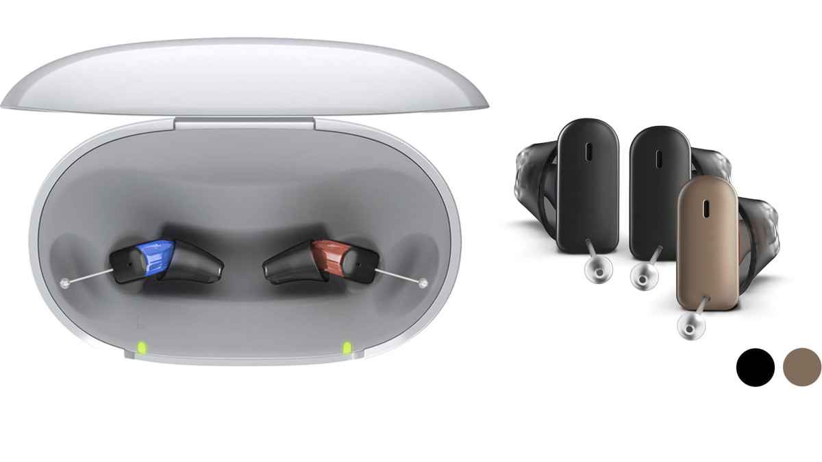 Signia Silk C&G IX hearing aids in charging case and showing black and mocha color options.