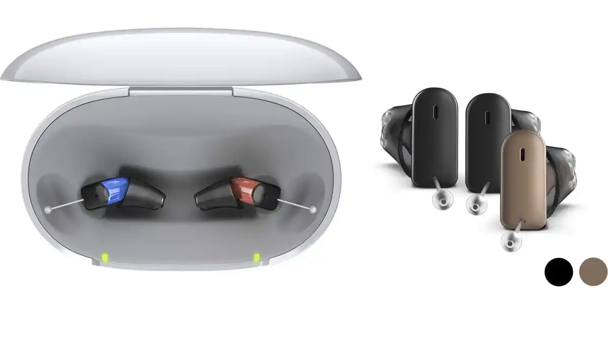 Signia Silk C&G IX hearing aids in charging case and showing black and mocha color options.