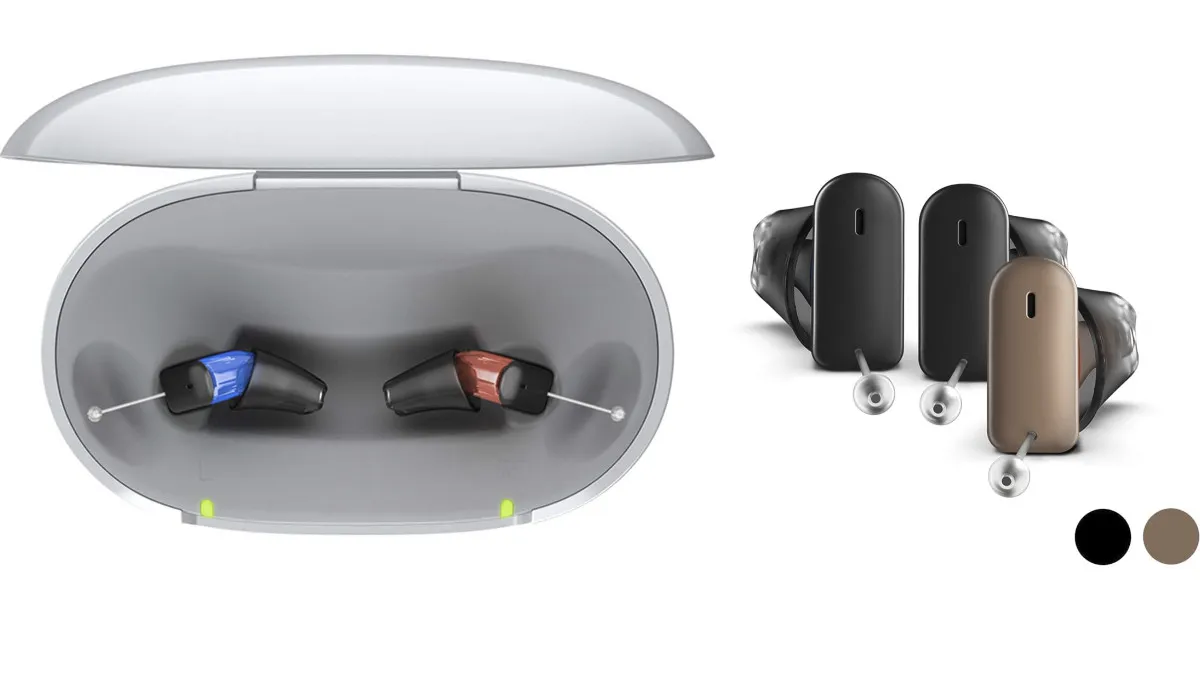 Signia Silk C&G IX hearing aids in charging case and showing black and mocha color options.