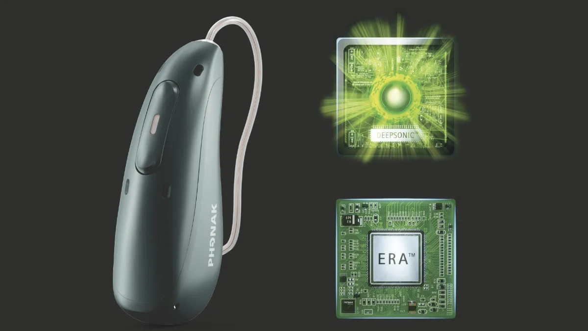 Audéo Sphere Infinio contains both of Phonak's newest chipsets: the ERA chip, which provides the bulk of the hearing aid's functionality, and the specialized AI and DNN-driven DEEPSONIC chip for denoising and speech separation in challenging listening environments.