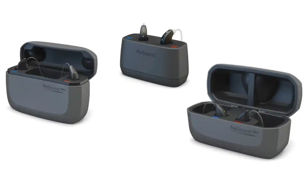 L to R: ReSound Premium, Desktop, and Standard chargers are all options for the Nexia rechargeable RIE hearing aids, and the Desktop charger is available for Nexia BTEs. The Desktop and Standard Chargers require a power outlet, while you can take the Premium Charger on-the-go for three days of quick charging.