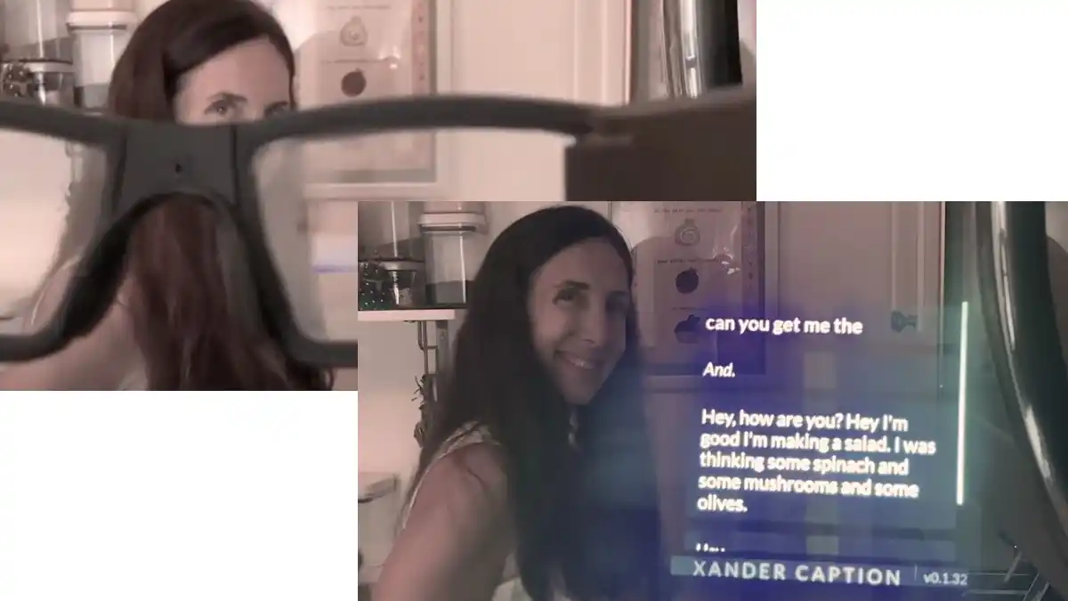 Split photo of woman in kitchen and same woman with captions on lenses