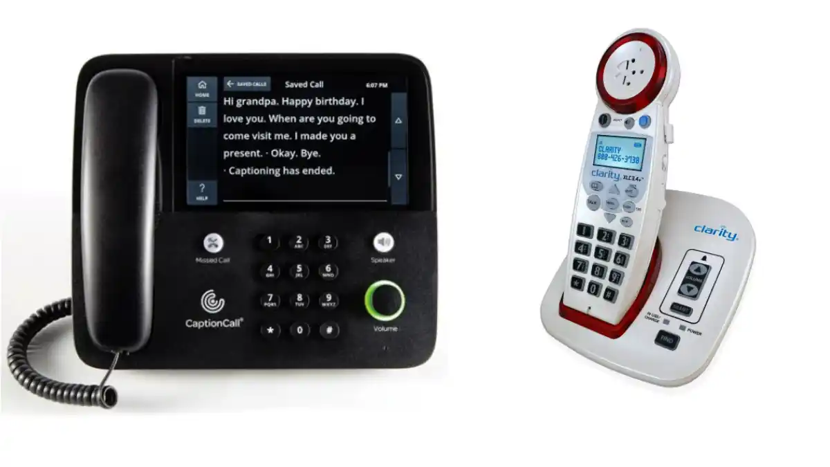 CaptionCall telephone with large screen for text and amplification (green glowing volume dial), and (on right) Clarity Professional XLC3.4+ Amplified Phone with volume up/down button on base.