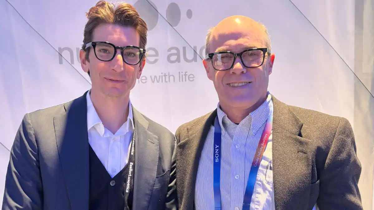 Nuance's Davide D'Alena and HearingTracker's Karl Strom wearing Nuance glasses