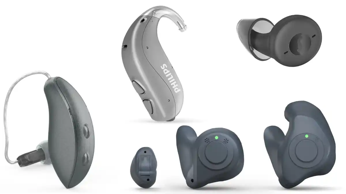 Six different styles of hearing aids, ranging from RICs to CICs