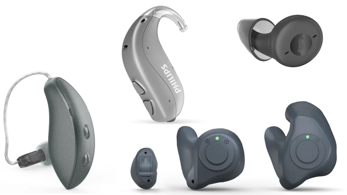 Six different styles of hearing aids, ranging from RICs to CICs