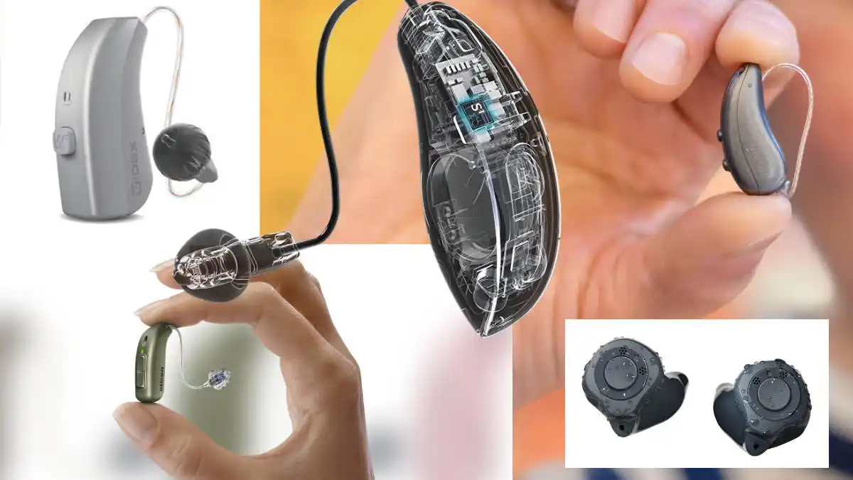 AGX hearing aids include a wide variety of styles and models from some of the world's most popular brands, including (clockwise from top left) Widex, Starkey, Signia, ReSound, and Oticon.