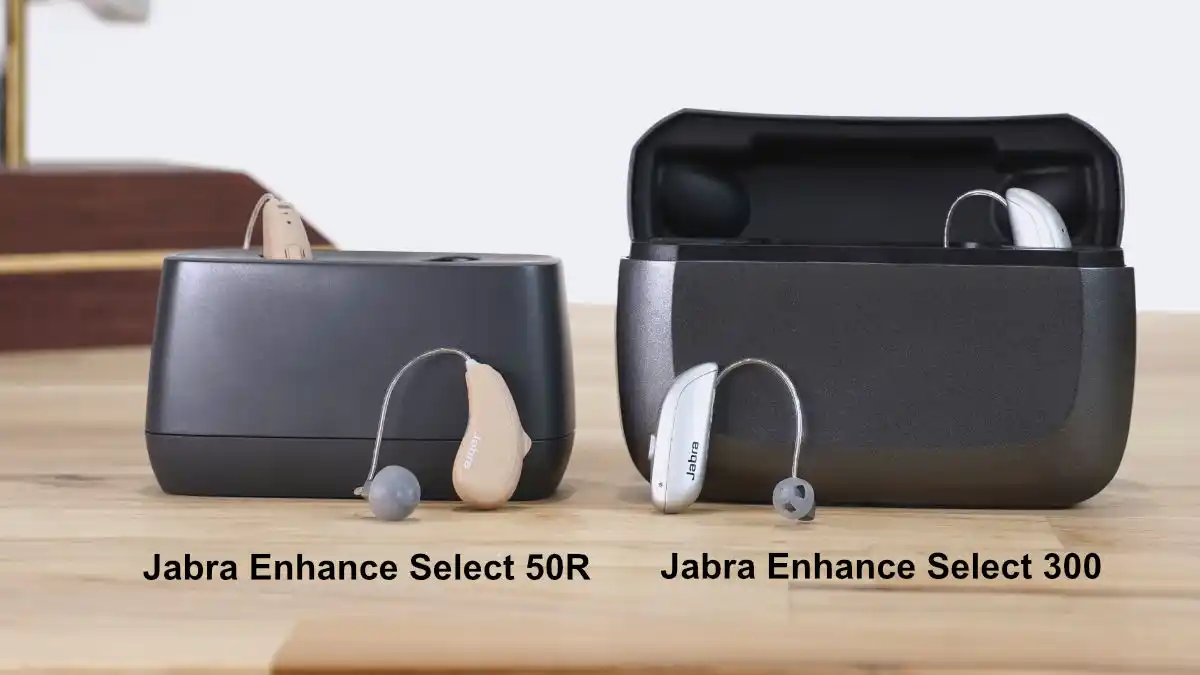 Comparison of the size and charging cases of the basic-level Jabra Enhance Select 50R (left) and premium Select 300 (right).
