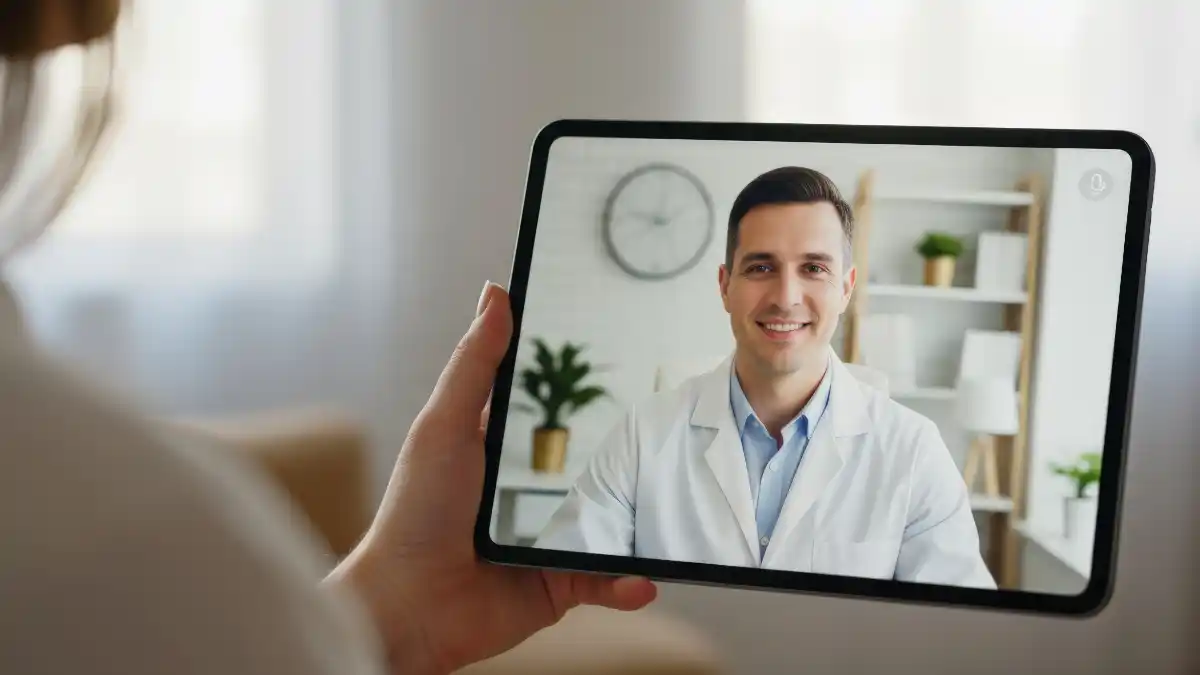 Audiologist shown on a tablet advising a patient