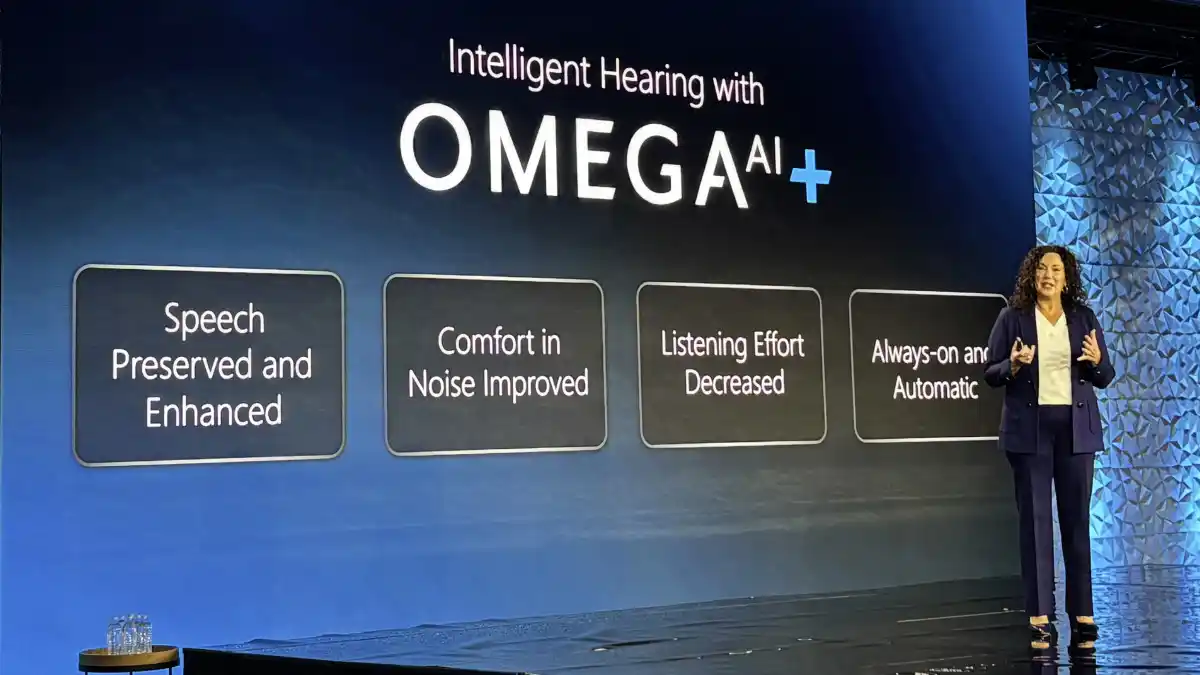 Before turning to the new feedback management system, Dr. Sara Burdak detailed key benefits provided by Omega AI+, including enhanced speech understanding and comfort in noise, decreased listening effort, and automatic always-on Edge Mode.