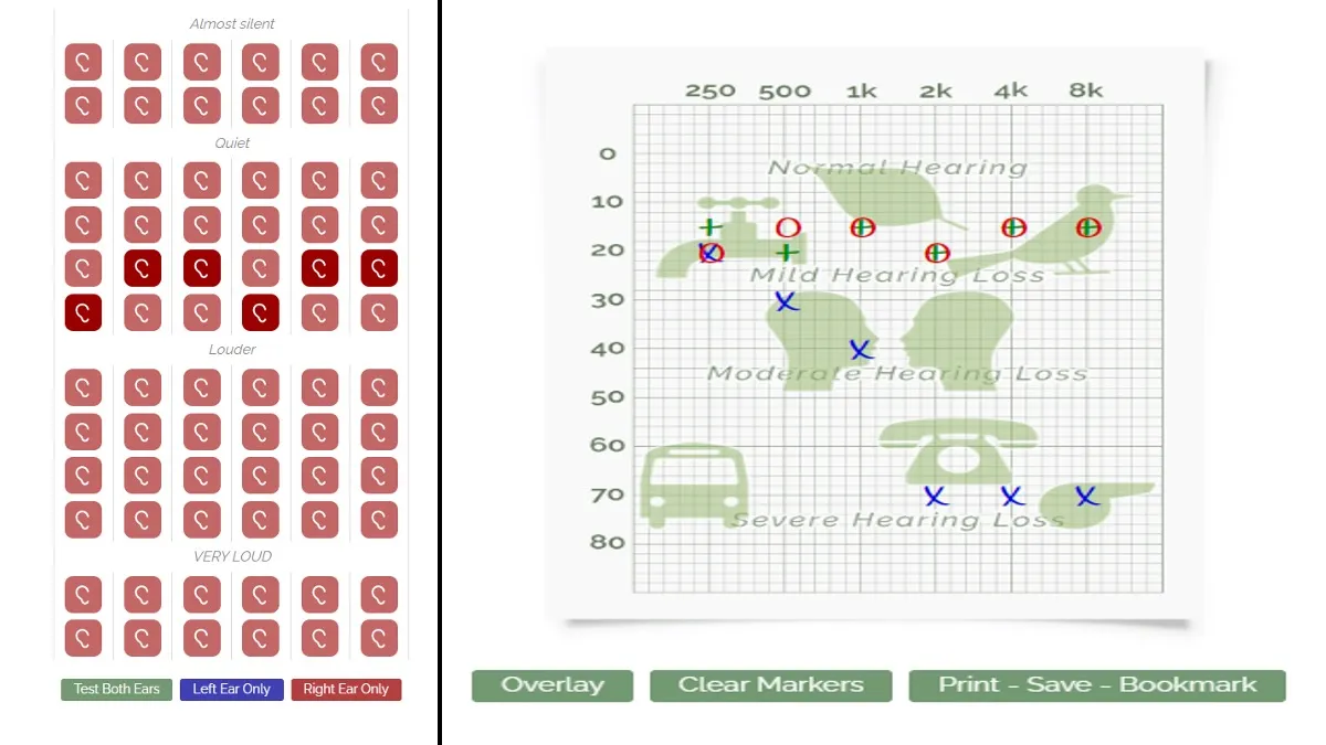 On left: The test grid for assembling your audiogram for each ear (or both). On right: the "overlay" on the audiogram to see which sounds correspond to different volumes and frequencies/pitches.