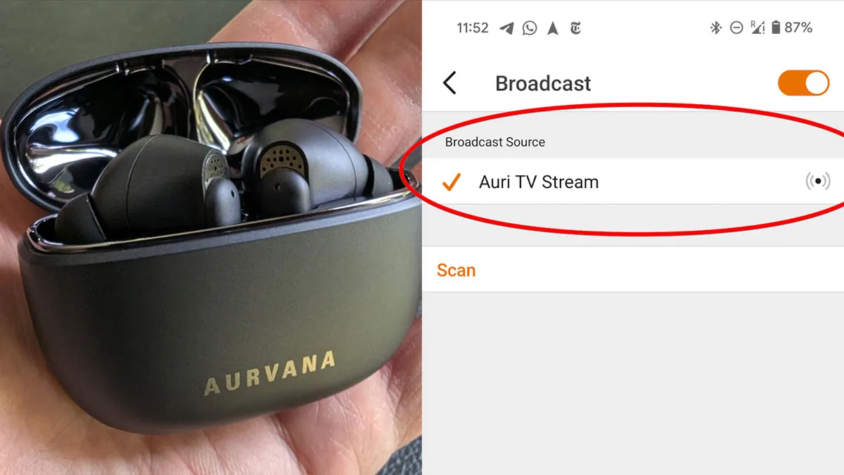 Tuning into a silent TV broadcast with my Creative Aurvana earbuds.