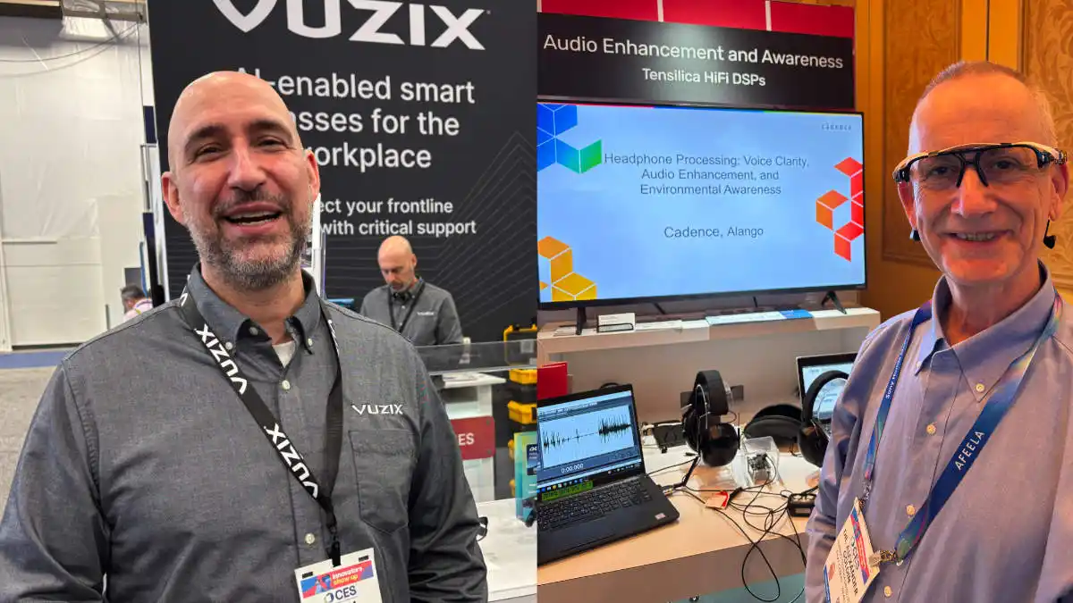 Left: Adam Gogolski of Vuzix. Right: Alango Founder Alexander Goldin wearing his prototype AI-driven, zero-latency audio glasses.