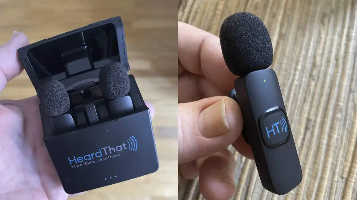 Photo on right shows 2 remote mics in recharging case; right photo small remote mic in hand