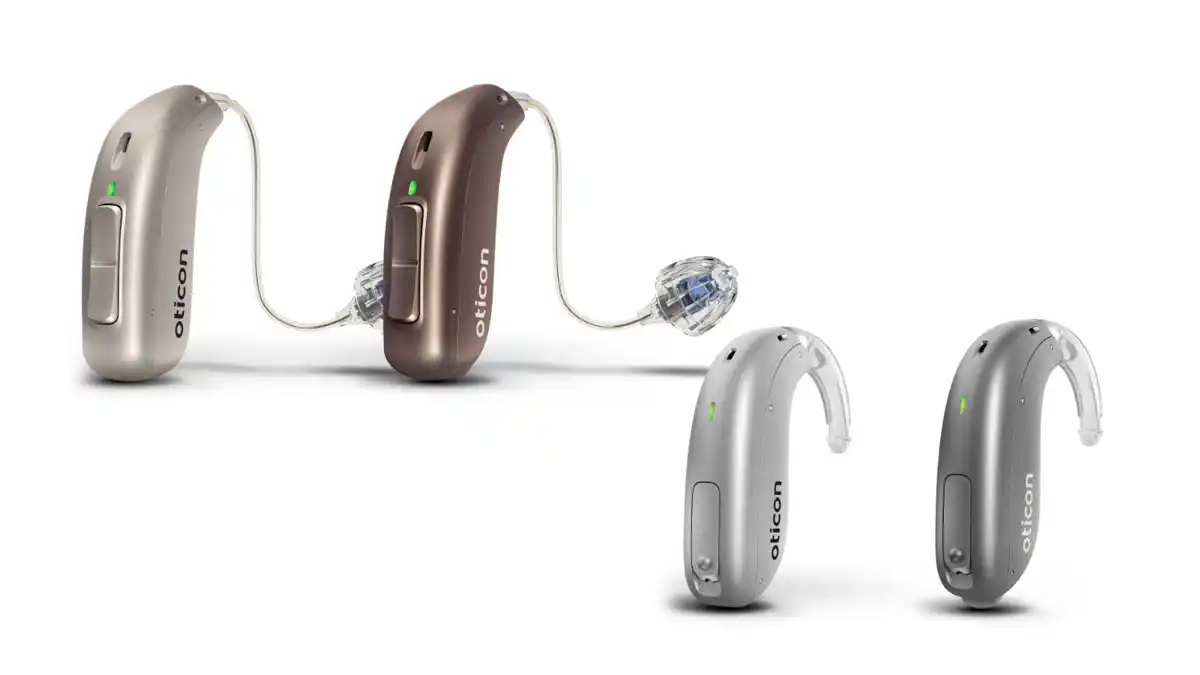 Oticon Jet PX comes in both miniRIC (top left) and miniBTE (bottom right) styles, in two tech levels (1 and 2), and in five colors.