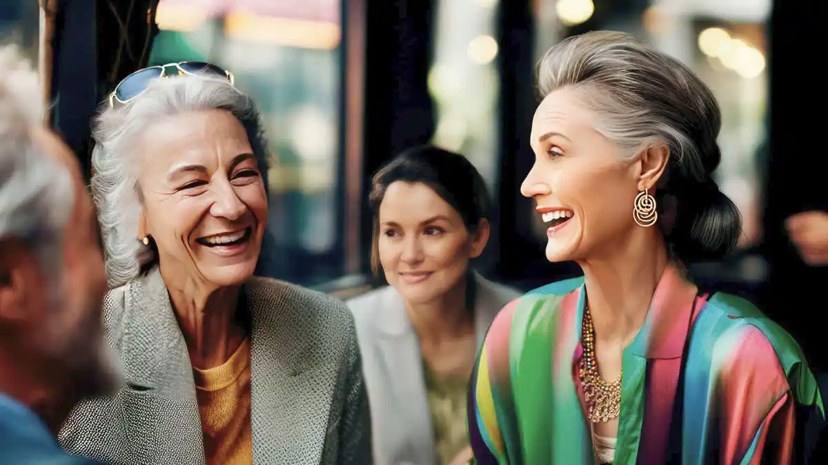 Two older women enjoying a conversation with people around them