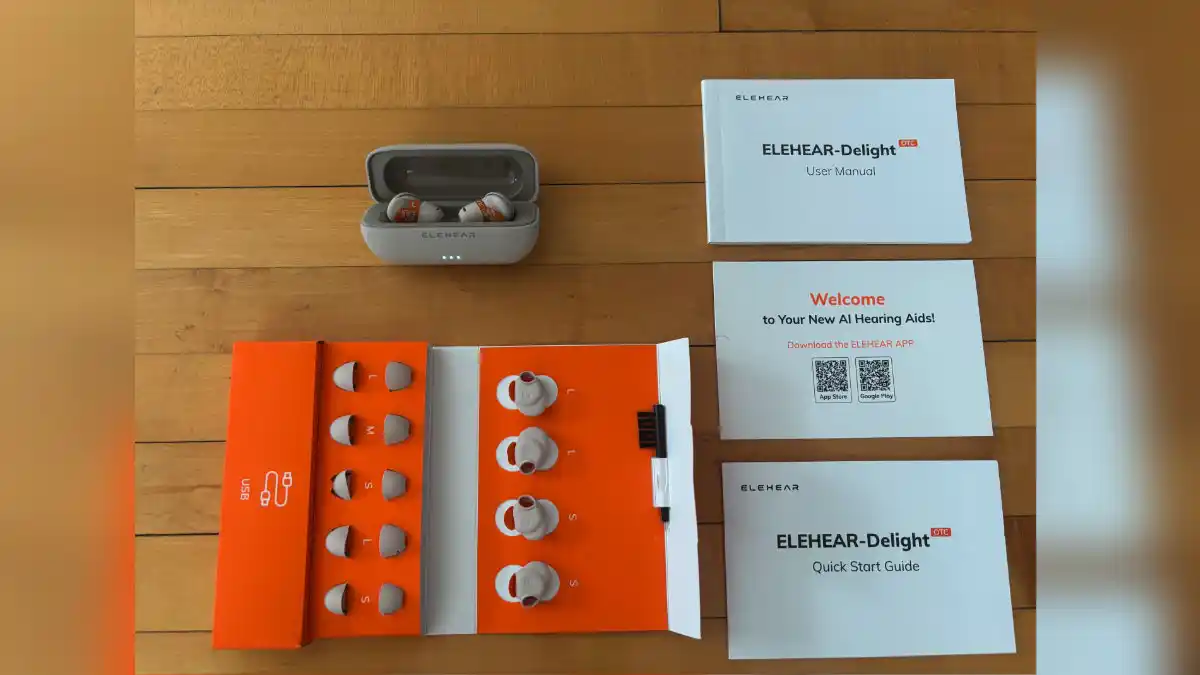 What you get in the Elehear Delight box (counterclockwise from top-left): Pair of Delight hearing aids and portable charger; selection of domes (L, M, and S) and and earwings (L or S, for better retention); Quick Start Guide; and User Manual.