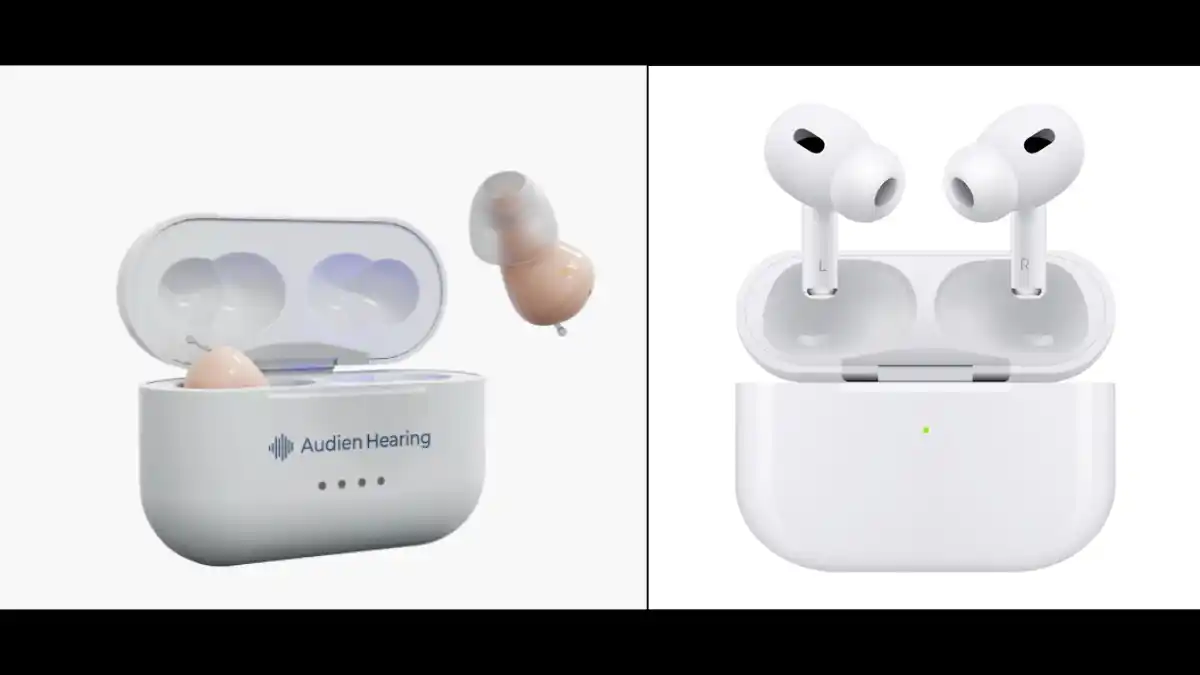 Audien Atom Pro 2 (left) and Apple Airpods Pro 2 (right). Not shown to scale.