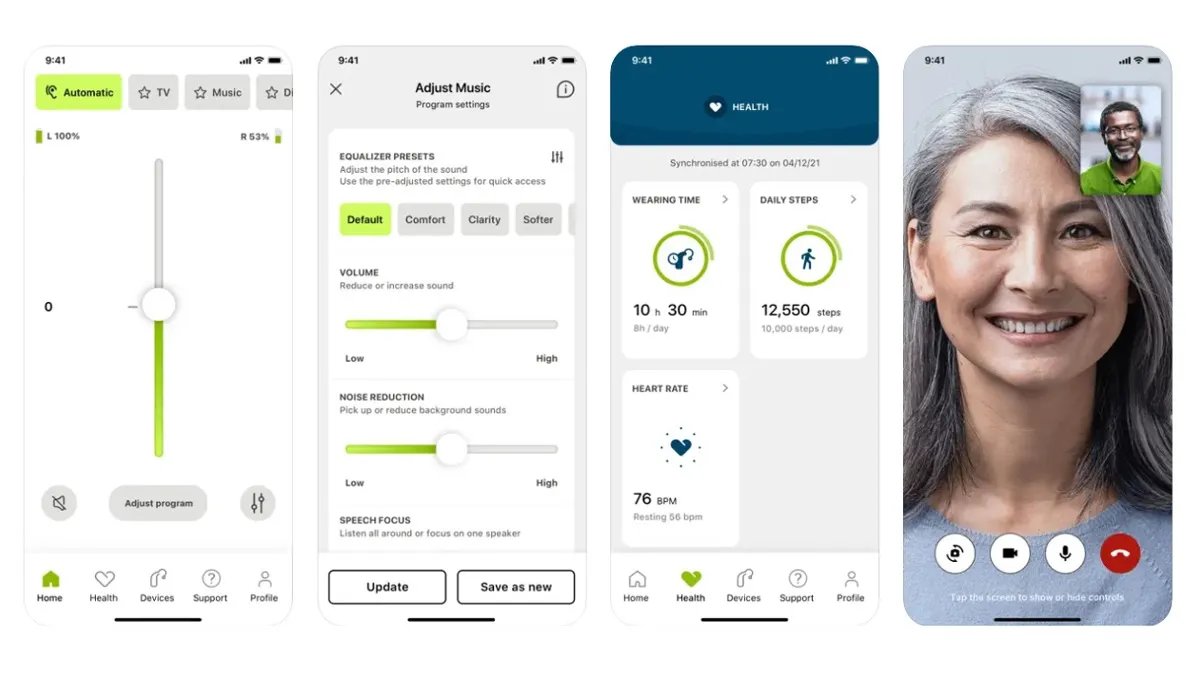 Screenshots of the myPhonak app in action (l to r): 1) Main screen with program selections on top and volume, mute, and basic option screens on bottom; 2) Personalized settings that allow for volume, noise reduction, and speech focus; 3) health monitor screen with hearing aid wearing time,  and step counter (note: heart rate monitor available in Audéo Fit only); 4) remote care screen where you can have a virtual meeting with your hearing care provider.
